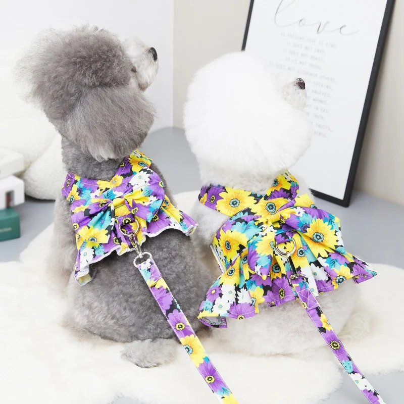 Summer Pet Floral Skirt Bow Dog Dress Matching Leash For Small Dogs Skirt Spring Dog Harness Vest Dresses York Clothes