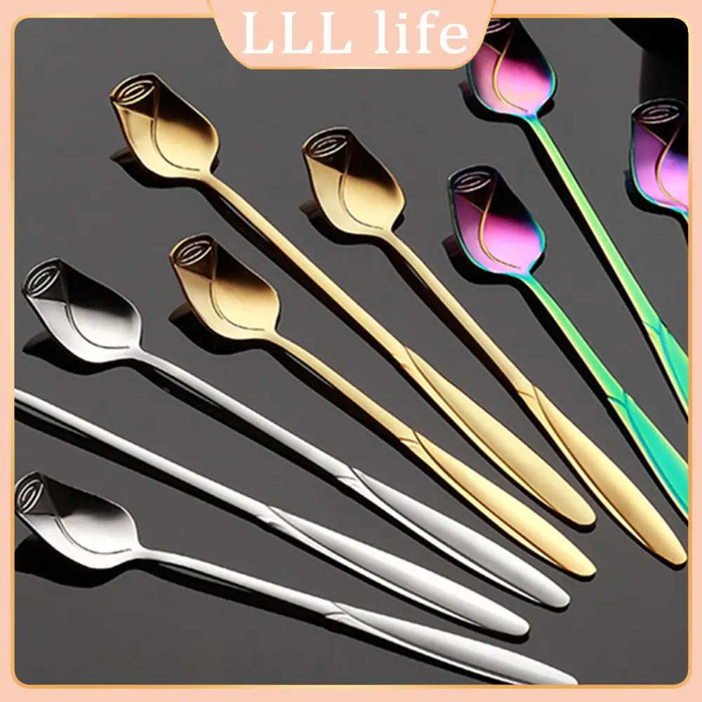 

13/15/17cm Vingtage Rose Ice Cream Dessert Spoons Rainbow Color Wedding Companion Gift Long Handle Stainless Steel Mixing Spoon