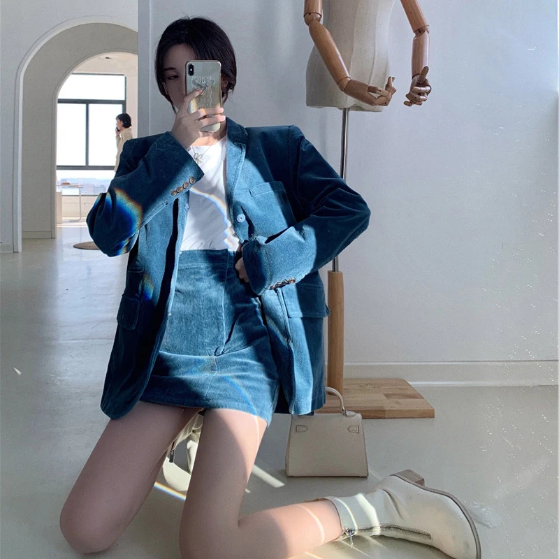 

Женский костюм с жакетом и юбкой на раннюю осень и зиму, комплект из двух предметов в западном стиле, подчеркивающий возраст, повседневный Блейзер и юбка, комплект