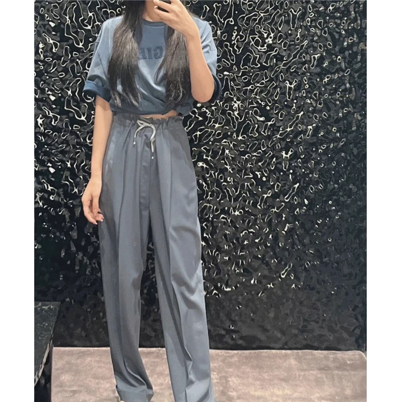 2023 Spring and Summer New Ultra-thin Wool Blended High Waist Loose Simple Style Casual Trousers
