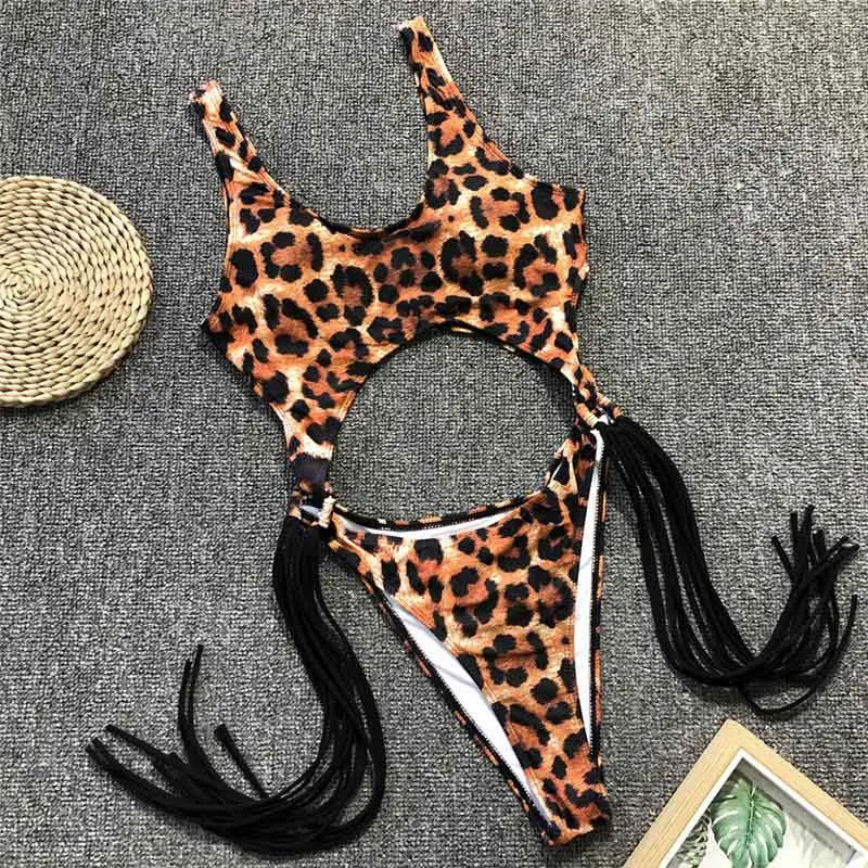 

2022 New Sexy Leopard Swimwear Tummy Cut Out One Piece Swimsuit Female Tassel Bather Hollow Out Bathing Suit Swim Wear Lady 3880