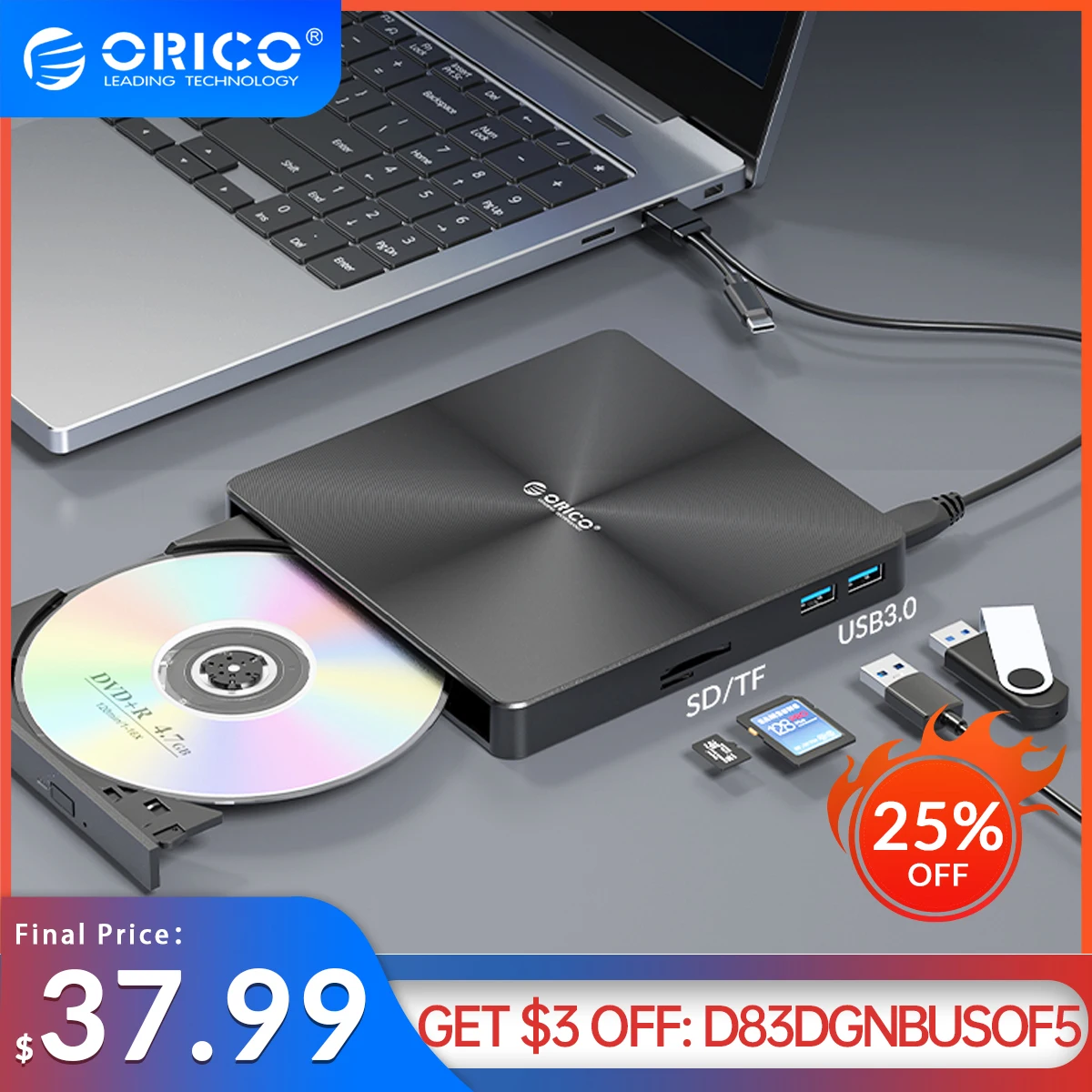 Orico Usb3.0 Magro Externo Unidade Óptica Portátil Gravador de Gravador Dvd Player para Computador Portátil Windows pc Dvd rw Rom Queimador
