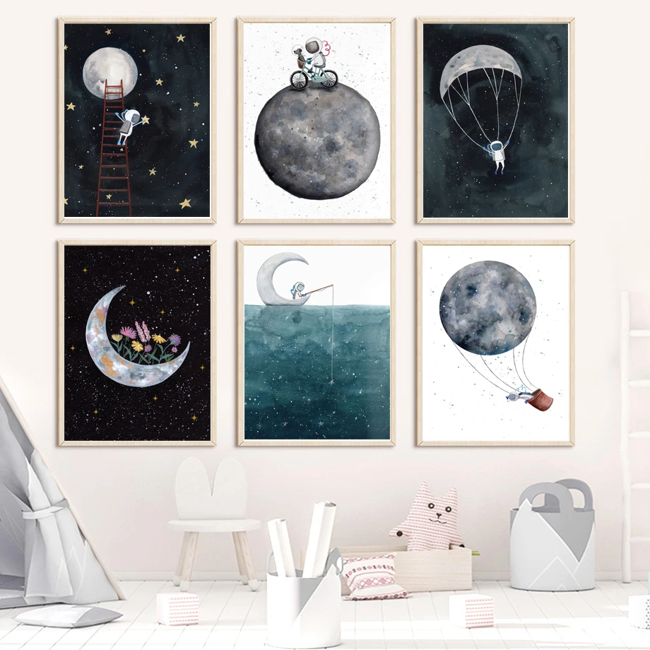 

Mobмультфильм Космос астронавт луна звезды мальчик настенная Картина на холсте скандинавские постеры и принты настенные картины для детско...