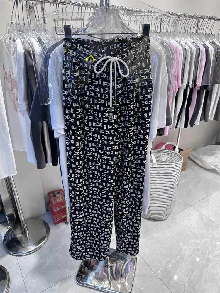 2023 New Summer Thin Trousers for Women Mopping Floor Loose Straight Pants Drawstring High Waist Printed Wide Leg Pants Black