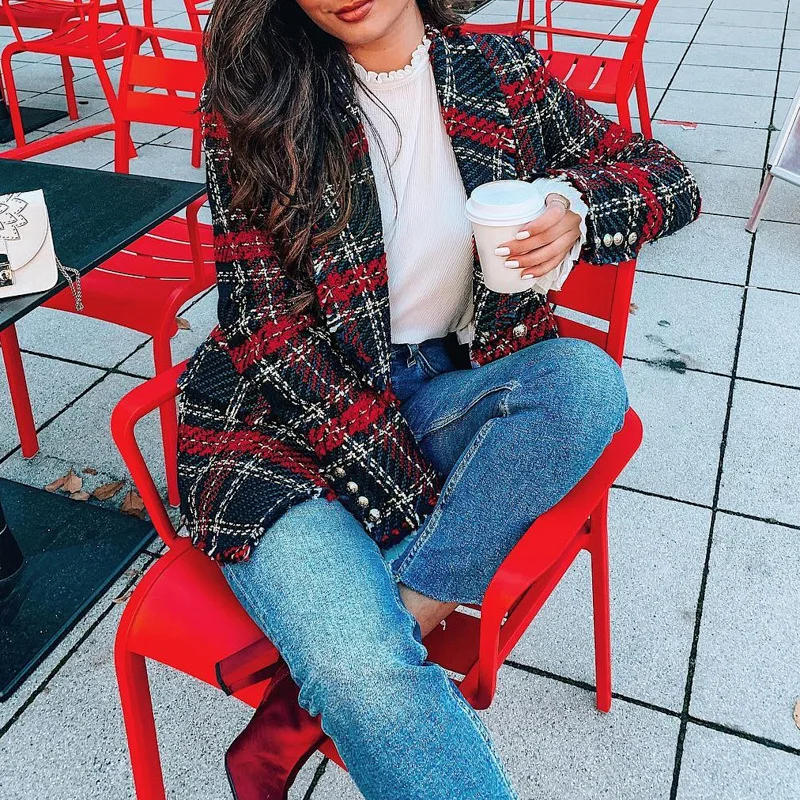 New Red Plaid Jacket 2021 Women Spring-Autumn Retro Tweed Suits Jackets Office Ladies Vintage Chic Slim Coats Girls Tops Coat