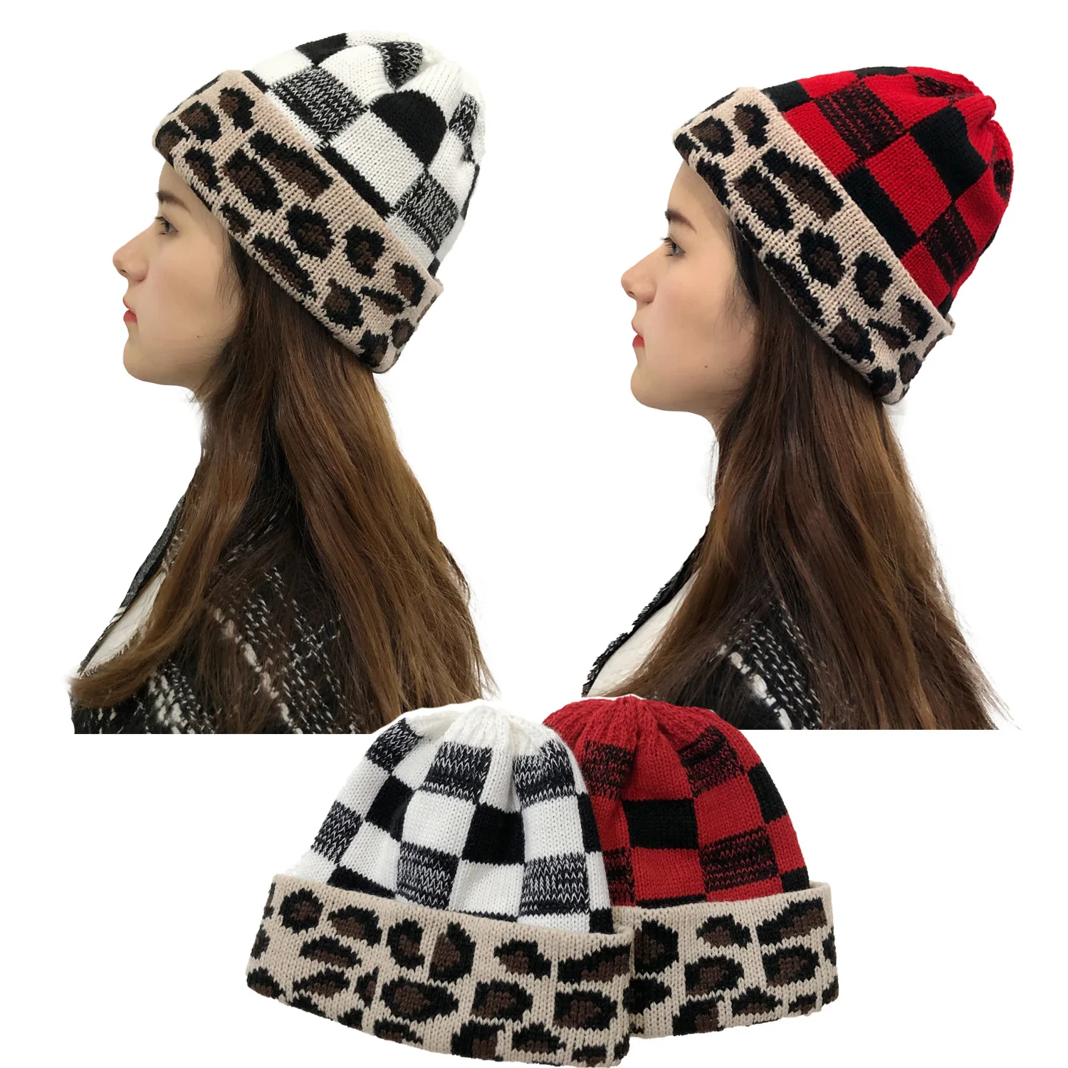 

Autumn and Winter Plaid Christmas Wool Hat Warm Knitted Hat Leopard Print Earmuffs Hat Pullover Hat Beanie