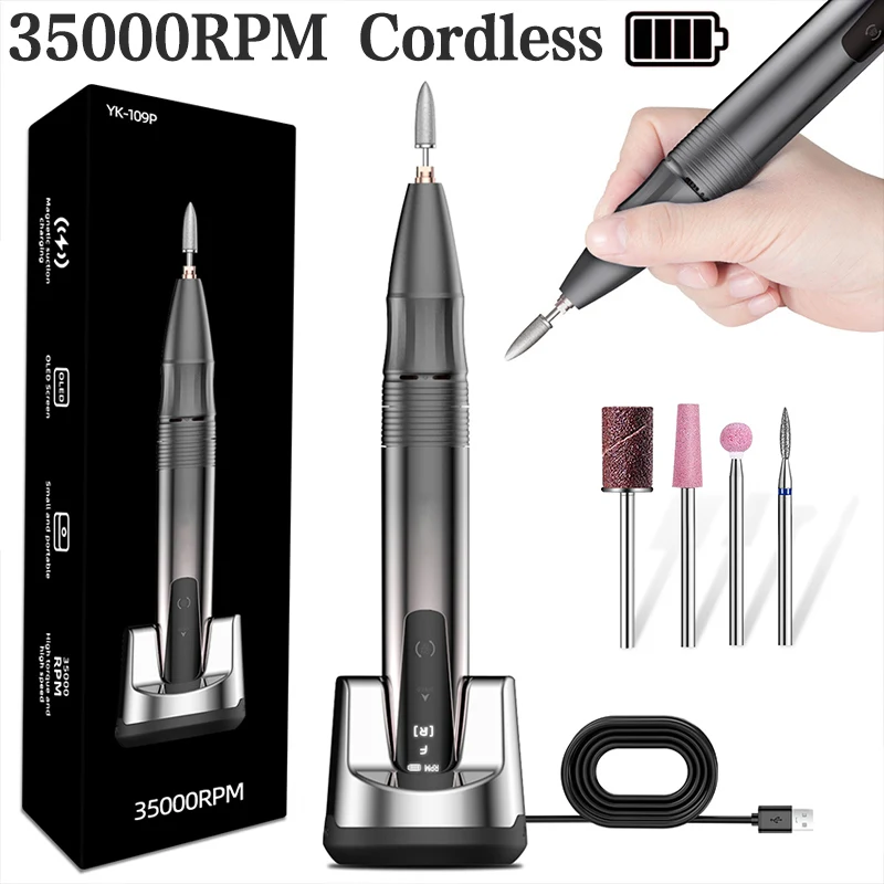 YOKEFELLOW Cordless 35000RPM Rechargeable Electric Nail Drill Machine for Manicure Pedicure Portable Nail Polishing Salon Tools