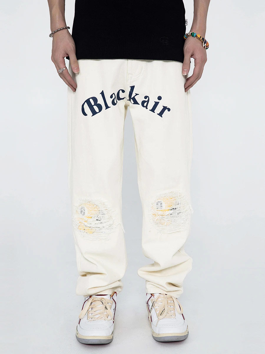 Men Jeans Street Hiphop Design Sense Niche Patch Ripped Jeans Men Retro High Street Straight Pants Street Clothing Ins Hot Sale