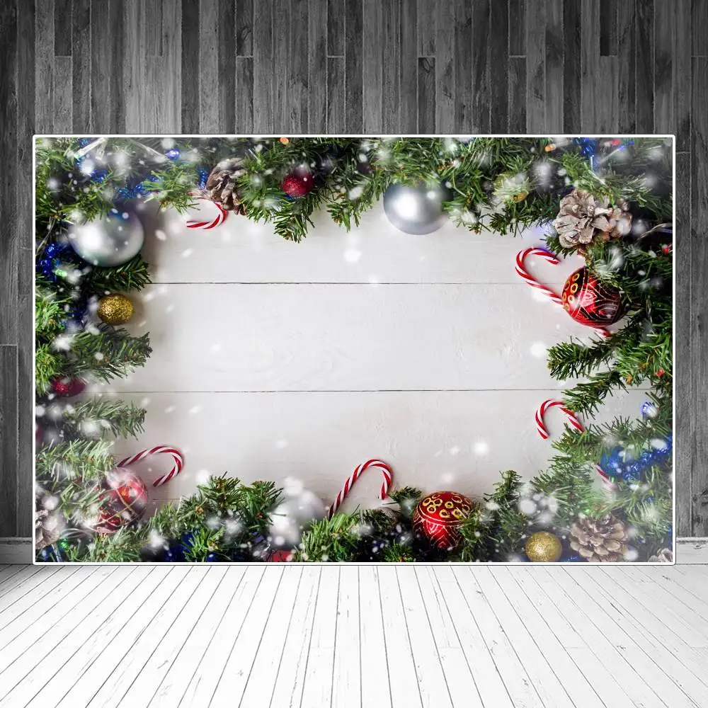 

Christmas Pine Twigs Balls Bokeh Wooden Board Planks Photography Backgrounds Custom Baby Party Decoration Photo Booth Backdrops