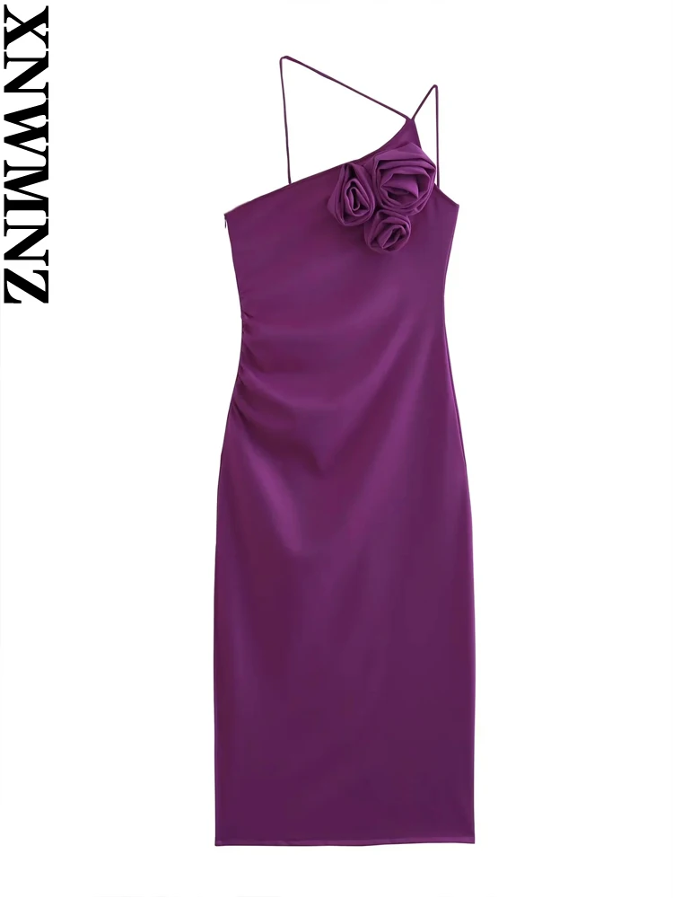 

XNWMNZ Women's Fashion Asymmetrical Neckline Applique dress Vintage Evening Dress Thin Strap Slim Female Chic Midi Dresses