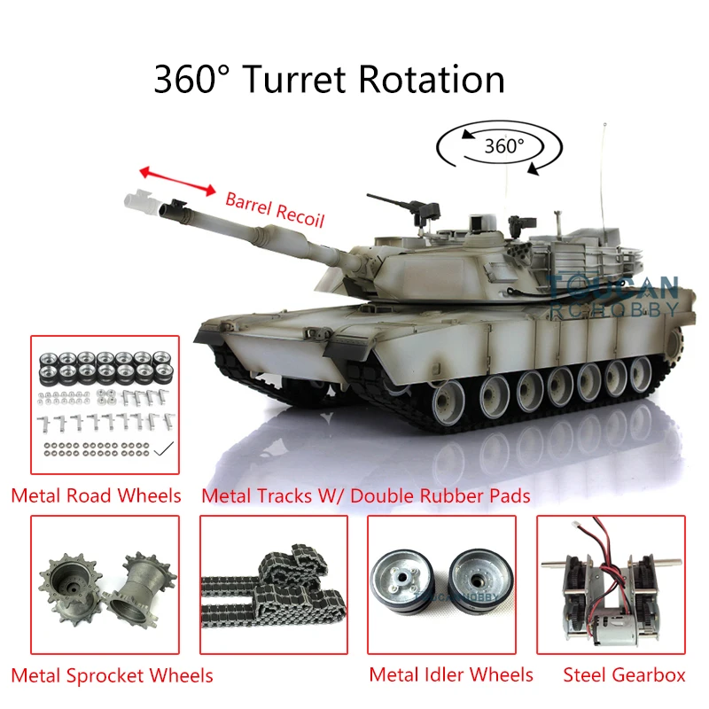 

Henglong 1/16 Pro Ver 7.0 Abrams RC Tank 3918 360 Turret Barrel Recoil Metal Tracks Wheels IR Battle Body Recoil TH17840-SMT7