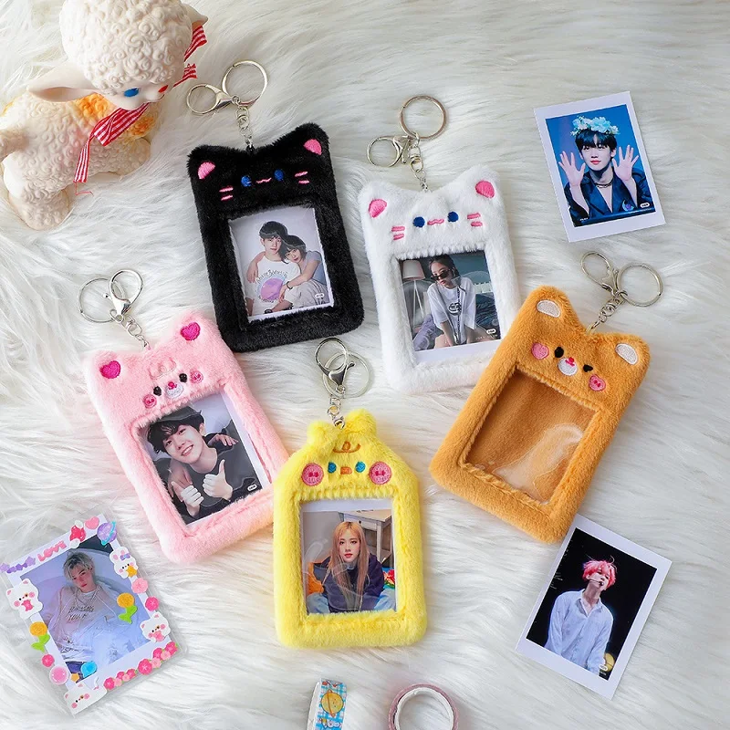 

Kawaii Plush Photocard Holder Bear Cat Kpop Idol Photo Card Holder Girl Cute Keychain ID Credit Bank Protector Stationery