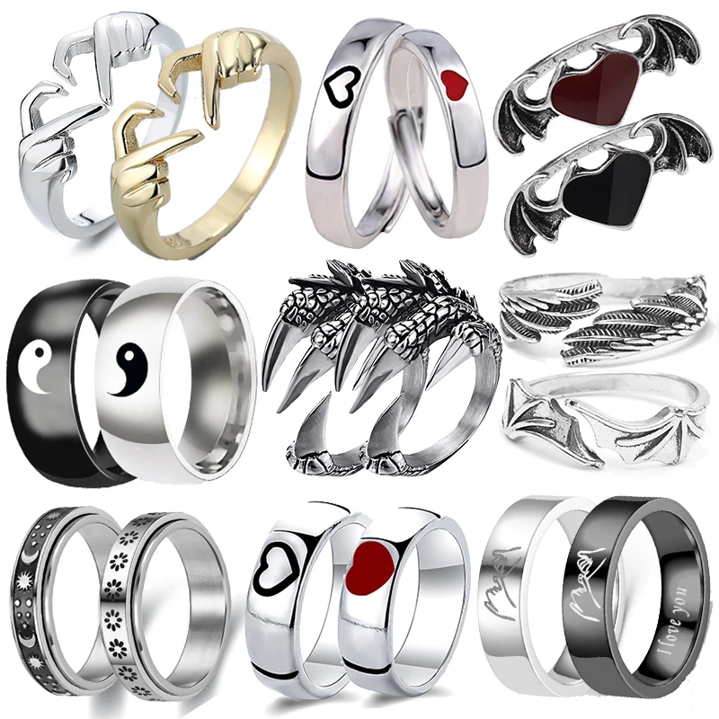 2Pcs Creative Heart Matching Couple Rings Set Forever Love Wedding Open Ring for Women Men Charm Valentine's Day Jewelry Gift