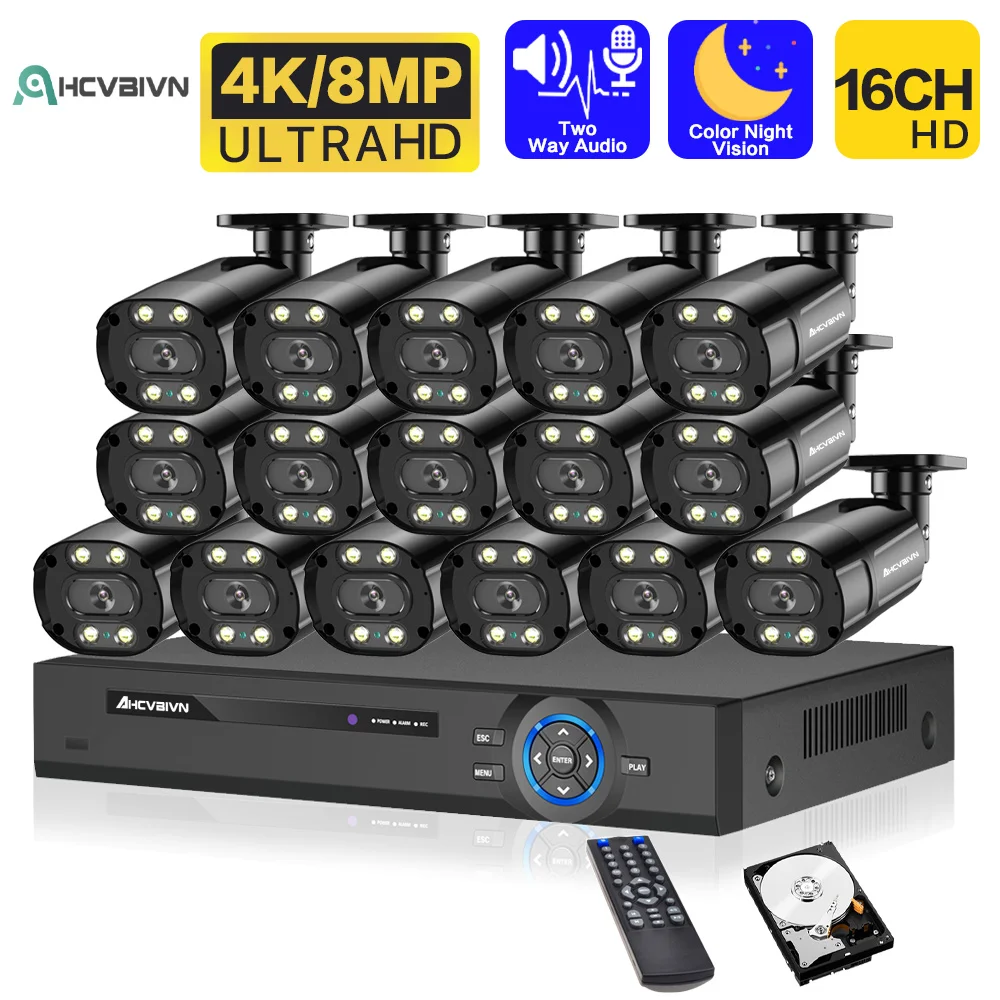 

8MP 16CH POE NVR Kit 4K CCTV Security Camera System Ai Human Detect Color Night Waterproof 2 Audio Video Surveillance Set P2P