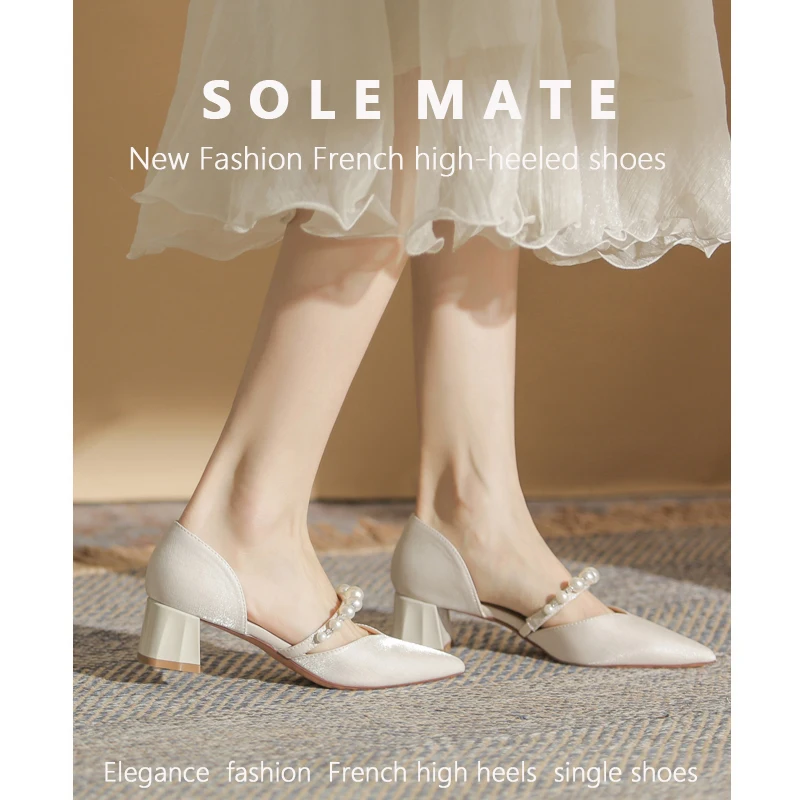 SOLEMATE Women's Leather Pearl Pointed Toe Flat Shoes Stylish Satin Mid Chunky Mary Jane Sandals, Essential High Heels for Women