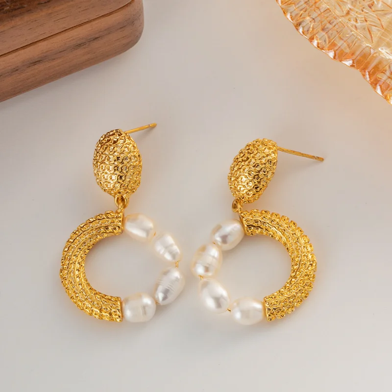 

Minar Modern Freshwater Pearl Hanging Dangle Earrings for Women 18K Real Gold Plated Brass Pleated Hollow Round Circle Earring