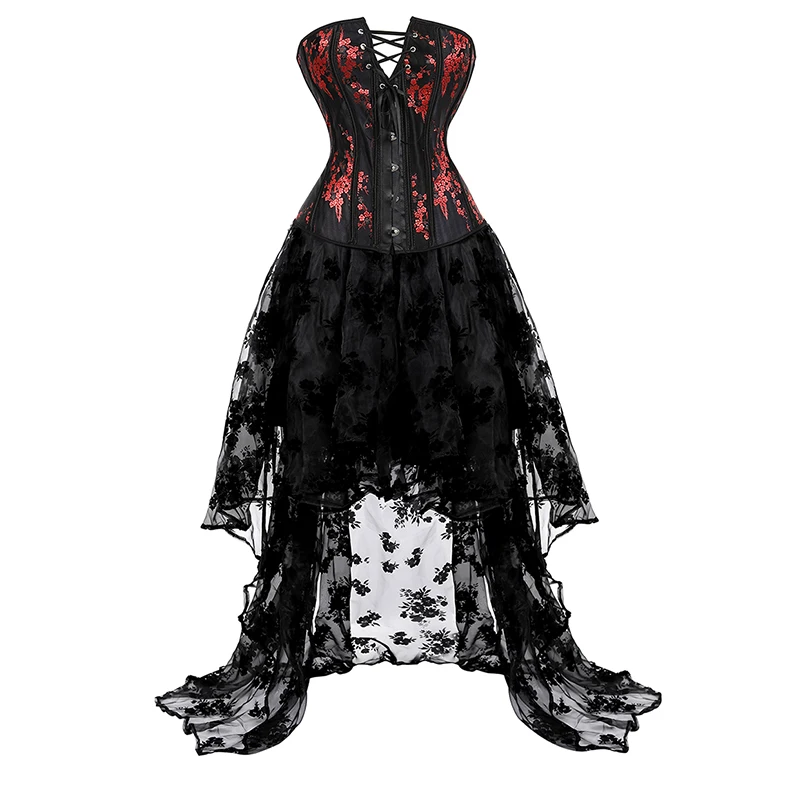 

Corset Dress Vintage Corset Bustier Top Floral Strapless Mesh Skirt Women Gothic Corset Skirt Plus Size Black Red