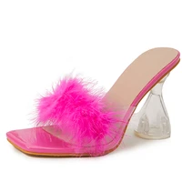 fashion design clear heels slippers women sandals with faux fur slip on summer high heel transparent shoes open toe mules slides