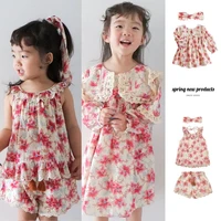 girls dress 2022 summer new fashion navy collar kids girls dress sleeveless lace camisole floral shorts suit childrens clothing