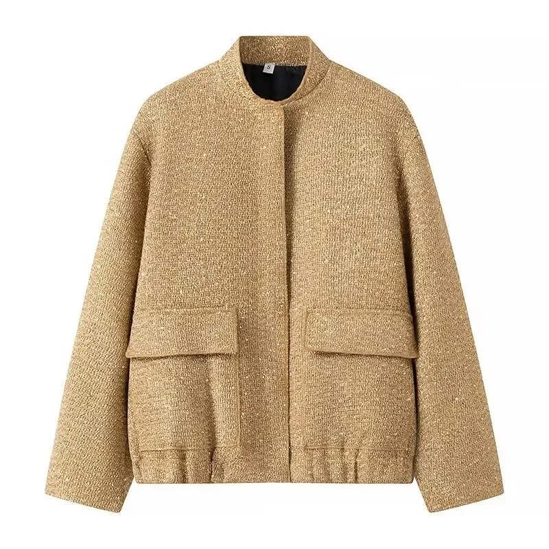 Женская короткая куртка с блестками и воротником-стойкой