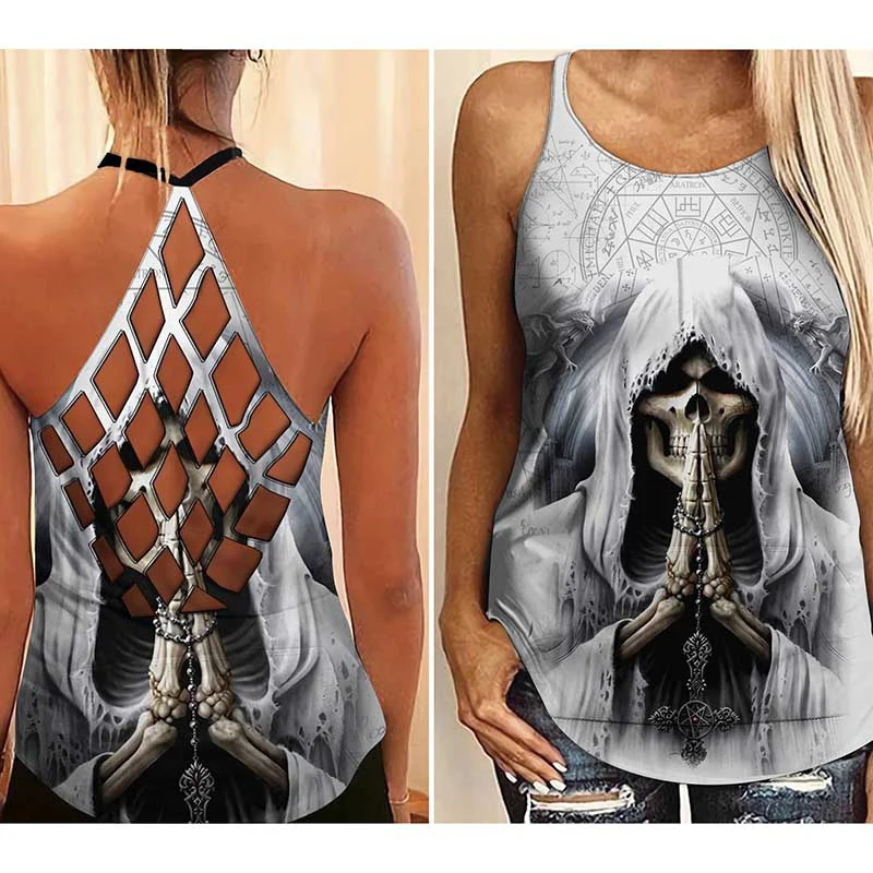 

Skull Girl Criss-cross Open Back Camisole Tank Top Summer Vest Sleeveless Graphic Shirt Gothic Tee Tops
