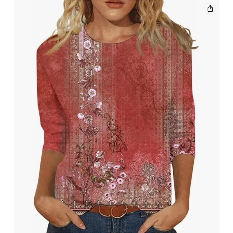 

Women's Spring and Summer Seven-point Sleeve T-shirt Ethnic Floral Round Neck Casual Commuter Printed T-shirt