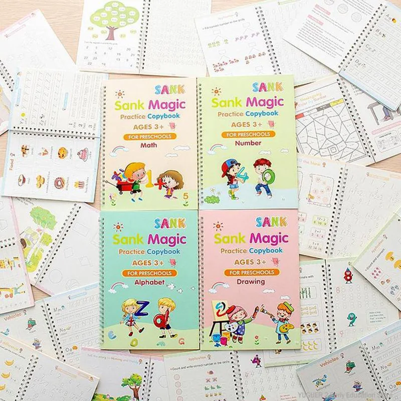 

4 Books with Gift Pen Sank Magic Practice Copybook for Kids - The Print Handwiriting Workbook-Reusable Writing Practice Book