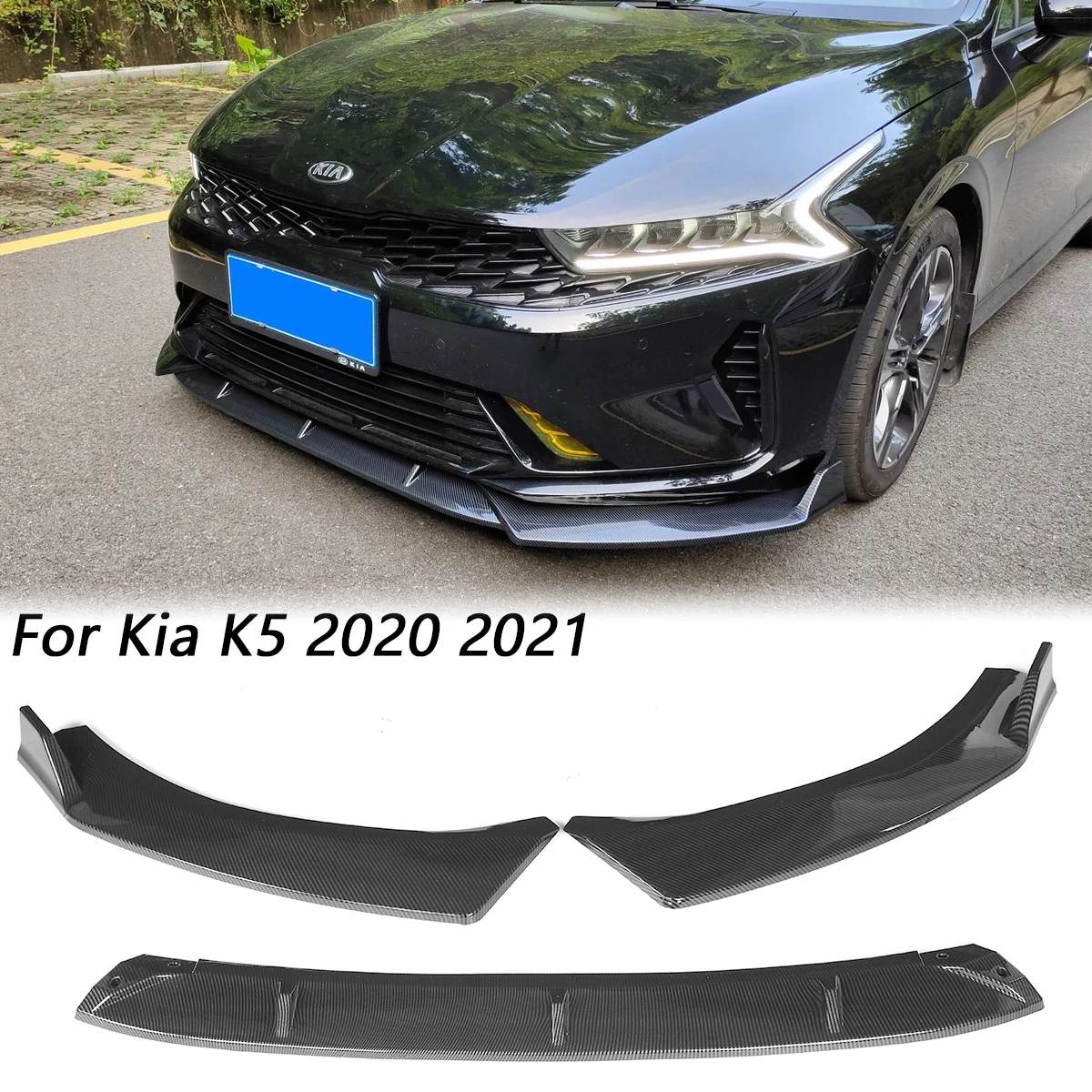 لكيا K5 الجبهة حافة مصد السيارة الجانب المفسد السفلى الفاصل الناشر طقم الجسم 2020-2021 اكسسوارات السيارات ألياف الكربون الأسود نظرة