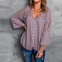 fashion woman blouses 2022 loose large size lace shirt long sleeved solid color deep v pullover chiffon shirts womens clothing