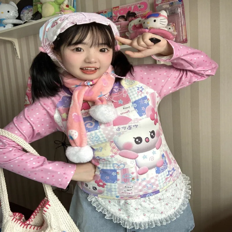 Футболка женская с длинным рукавом милый топ контрастных цветов принтом