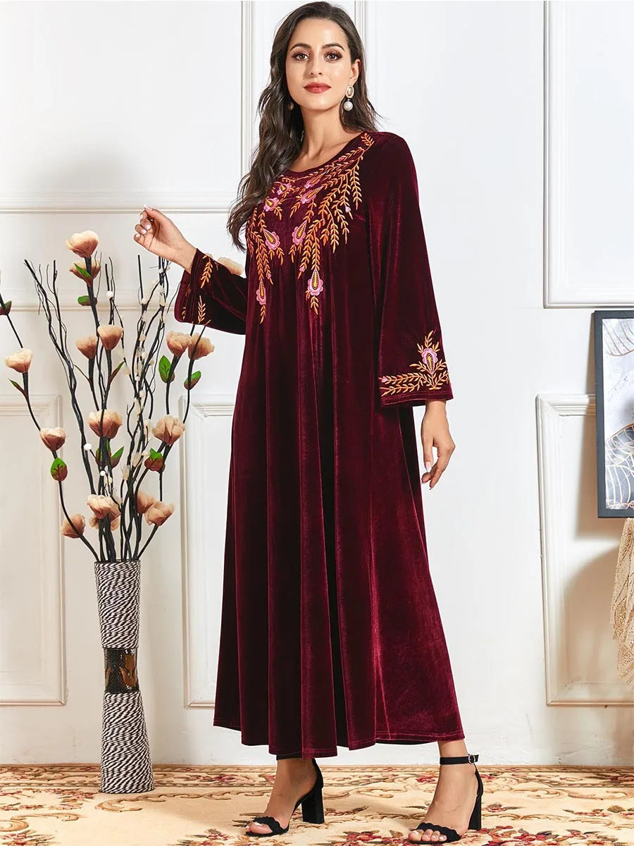Women Muslim Shalwar Kameez Pakistani Dress Golden Velvet Embroidery Dubai Dress Maxi Abaya Thick Robe Long Sleeves Islamic 2023