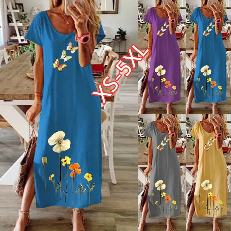 

Summer Spring Dress 2022 Elegant Robe Dress Party Short Sleeve Dresses Women Loose-Waist Maxi Dress