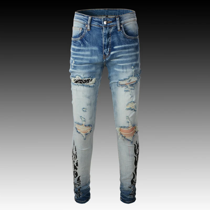 Streetwear Fashion Men Jeans Retro Light Blue Elastic Destroyed Slim Ripped Jeans Men Printed Designer Brand Hip Hop Denim Pants