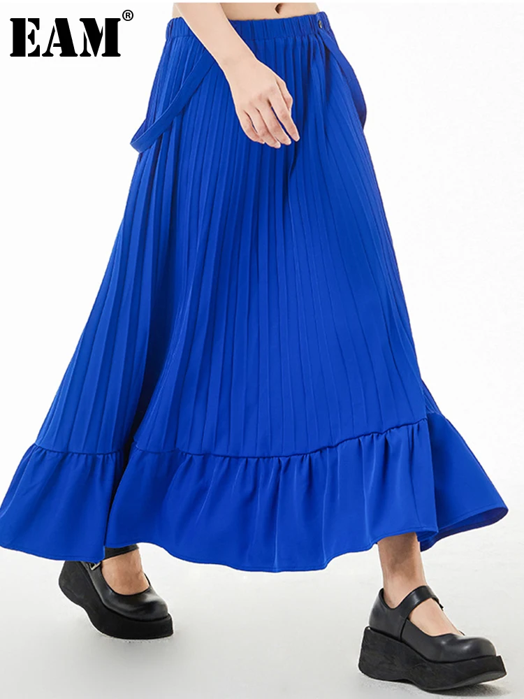 

[EAM] High Elastic Waist Black Pleated Long A-line Strap Half-body Skirt Women Fashion Tide New Spring Summer 2022 1DE9029