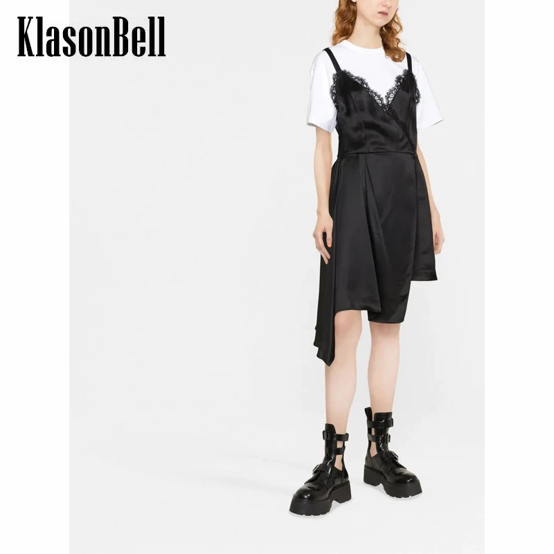 

8.12 KlasonBell Fake Two Piece Lace Patchwork Short Sleeve Irregular Mini Dress Women