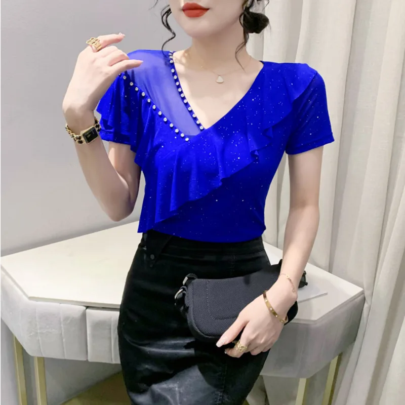 # 5944 Черная синяя красная эластичная сетчатая футболка женская с v-образным