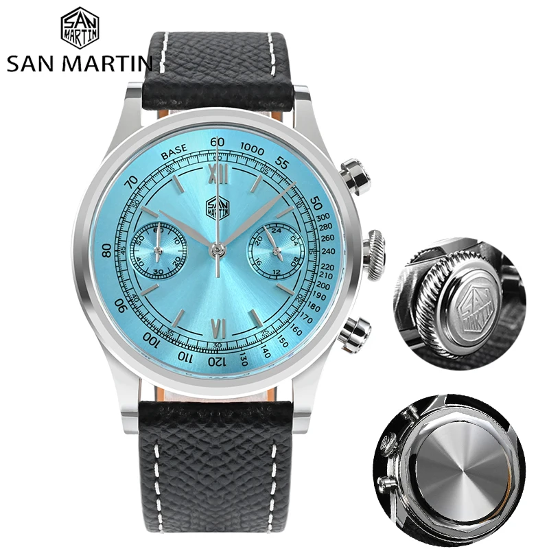 

San Martin Pilot Men Watch Top Luxury Sapphire Mirror 50M Waterproof Military Sports Quartz Chronograph Leather Strap Wristwatch