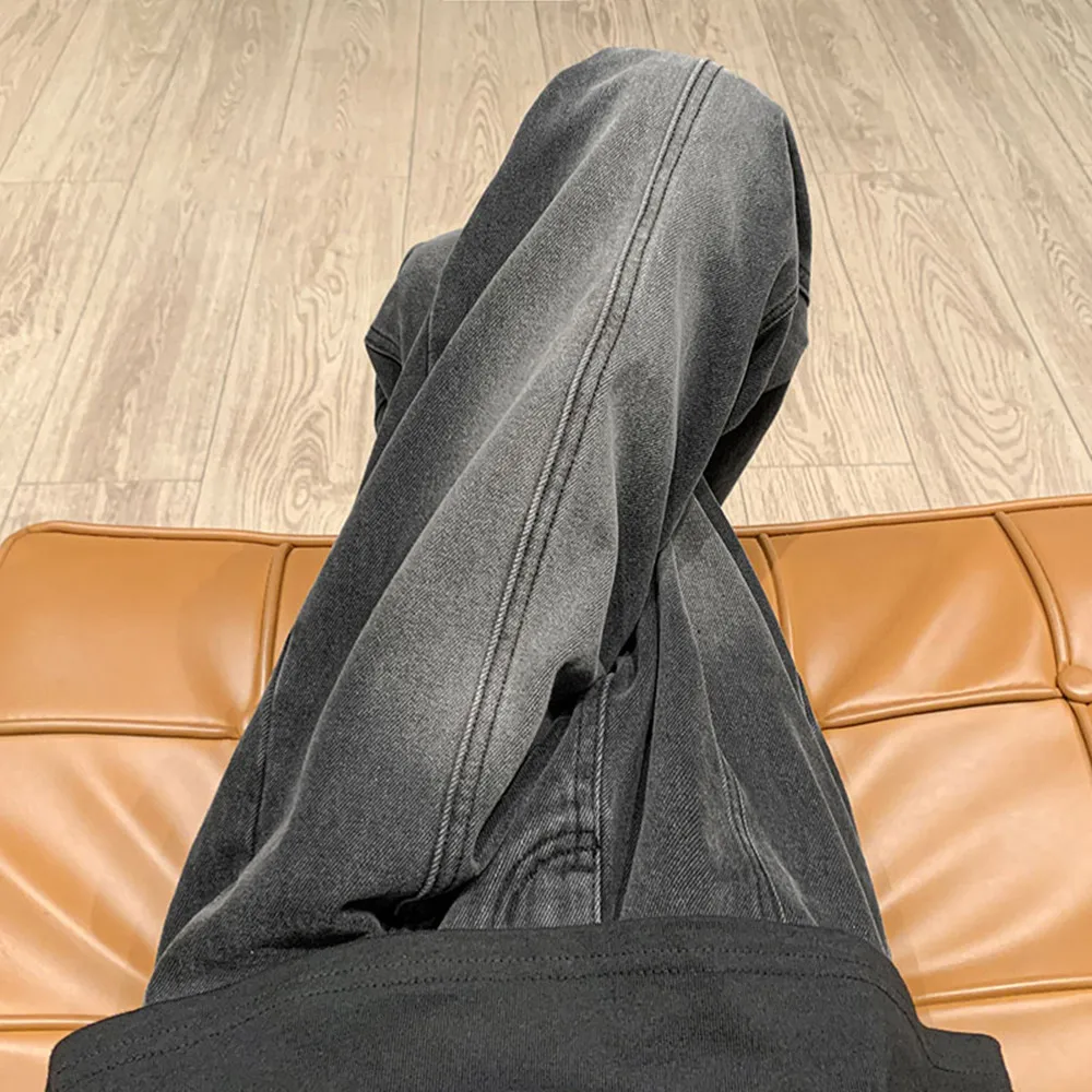 Vintage Mens Jeans Loose Straight Leg Autumn/Winter High Street Fashion Brand American Street Vibe Long Pants for Men