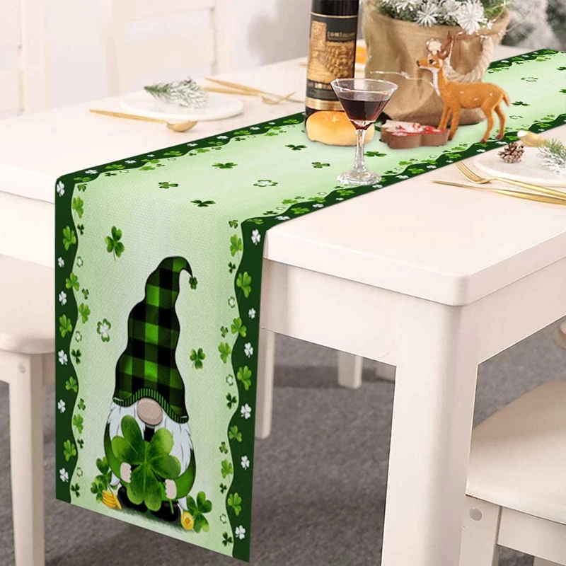 

Saint Patrick's Day Table Runner Irish Lucky Clover Gnome Cotton Linen Tablecloth for Festival Party Dinning Table Decor