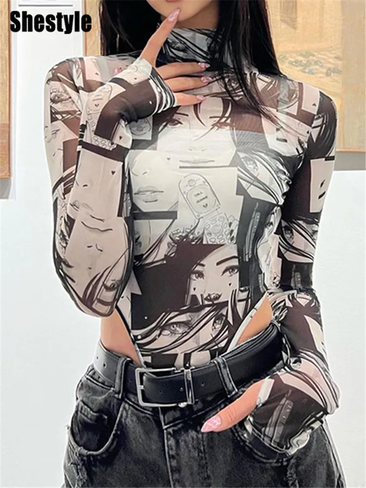 

Shestyle Mesh See-Through Bodysuit Women Cartoon Printted High Waist Autumn Sheer Stretchy Hand Hole Sleeve Fashoin Sexy T-Shirt