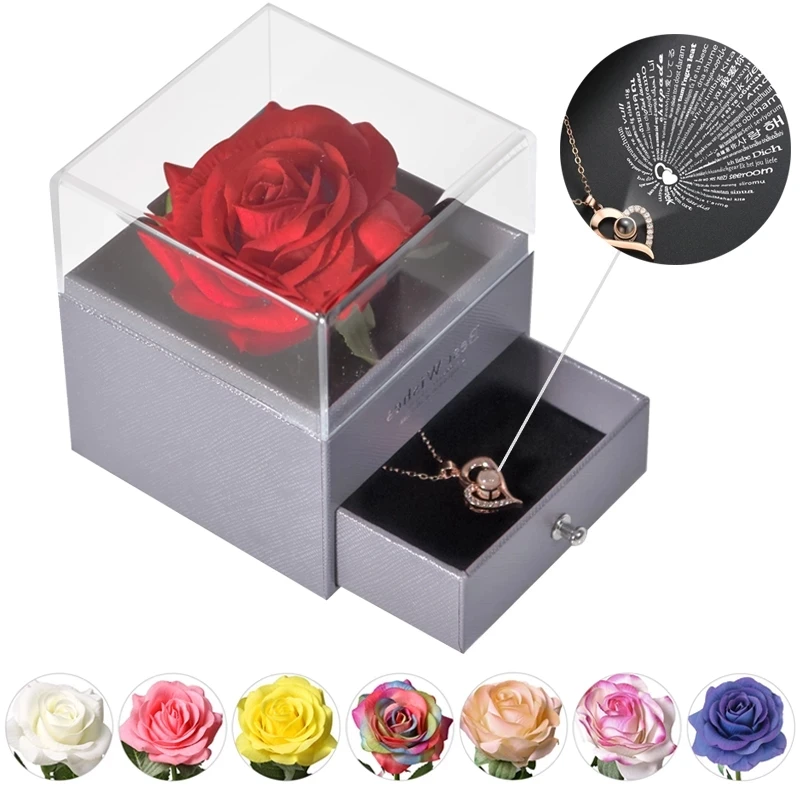 

Unfade Flower Eternal Rose Jewelry Box With 100 Languages I Love You Necklace Wedding Gift For Girlfriend Women Mothers Day Gift