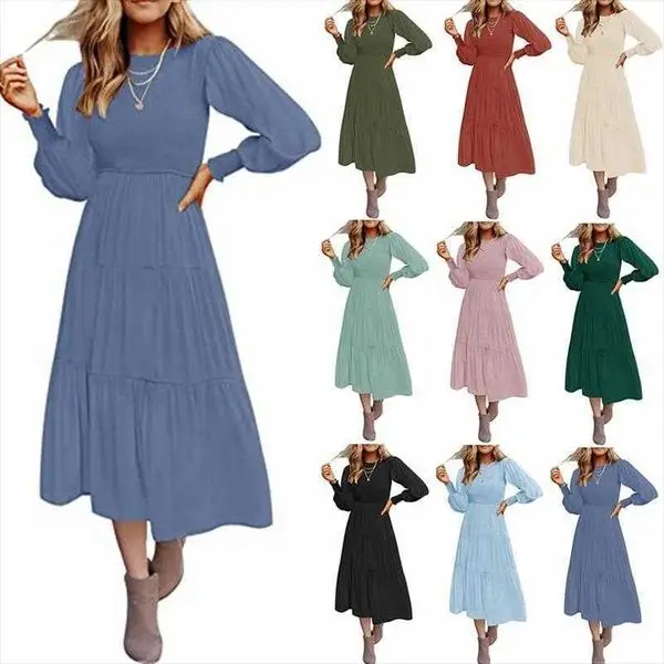 

Womens Long Sleeve Pleating Casual Dresses Layered Short Large Swing Dress