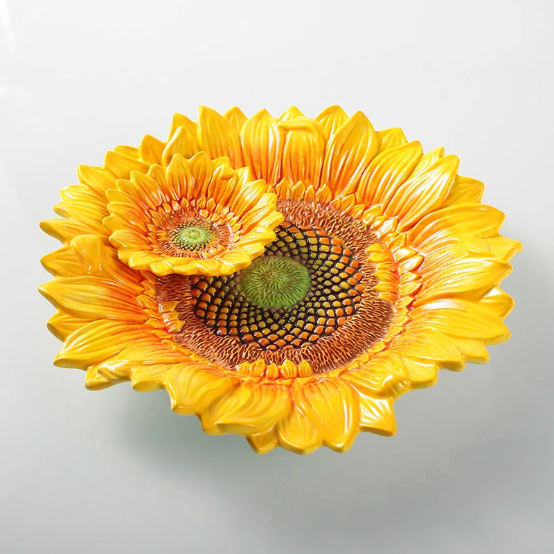 

Creative Hand Painted 2-layer Sunflower Plates Ceramic Decorative Snack Fruit Tray Tabletop Storage Dishes Pastoral Home Decor