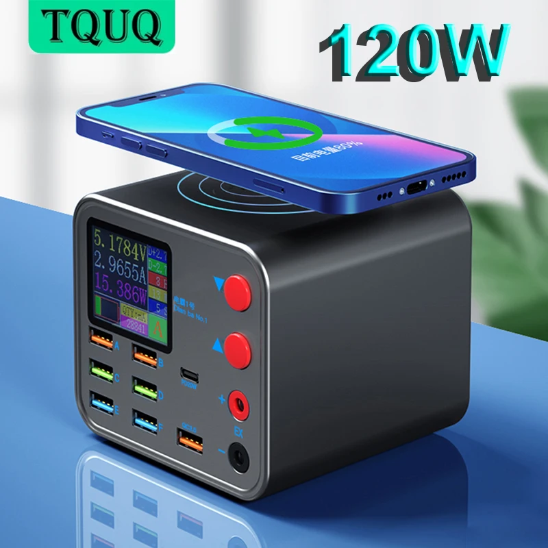 Зарядная Станция TQUQ 9 в 1 с ЖК-дисплеем, быстрое зарядное устройство 120 Вт с USB C/7-портами стандарта USB, Беспроводная зарядка 10 Вт для iPhone 14