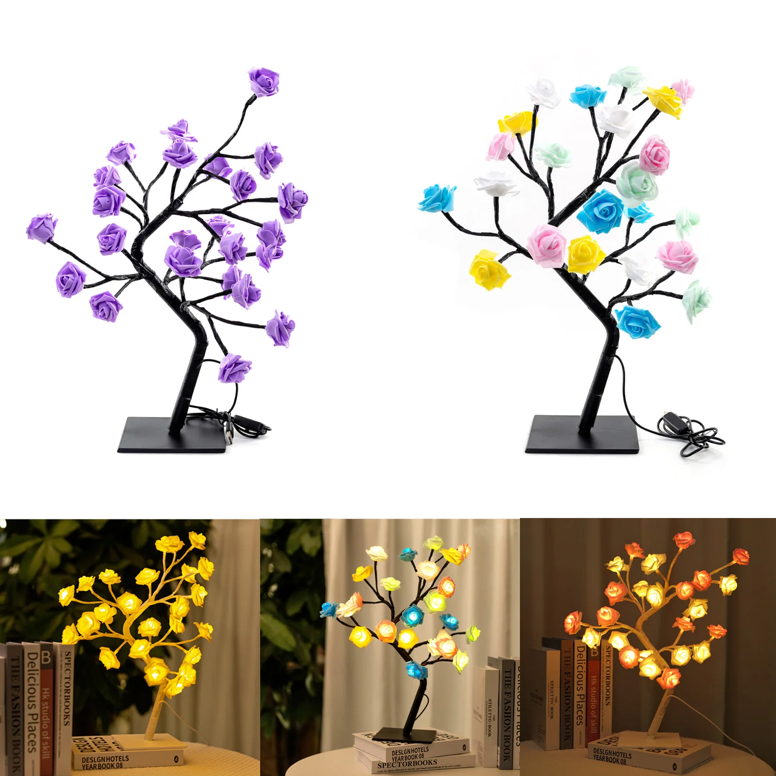 

USB Power Rose Tree Branch Flower LED Night Light Table Decorative Lamp for Bedroom Desktop Christmas Party Indoor Decor