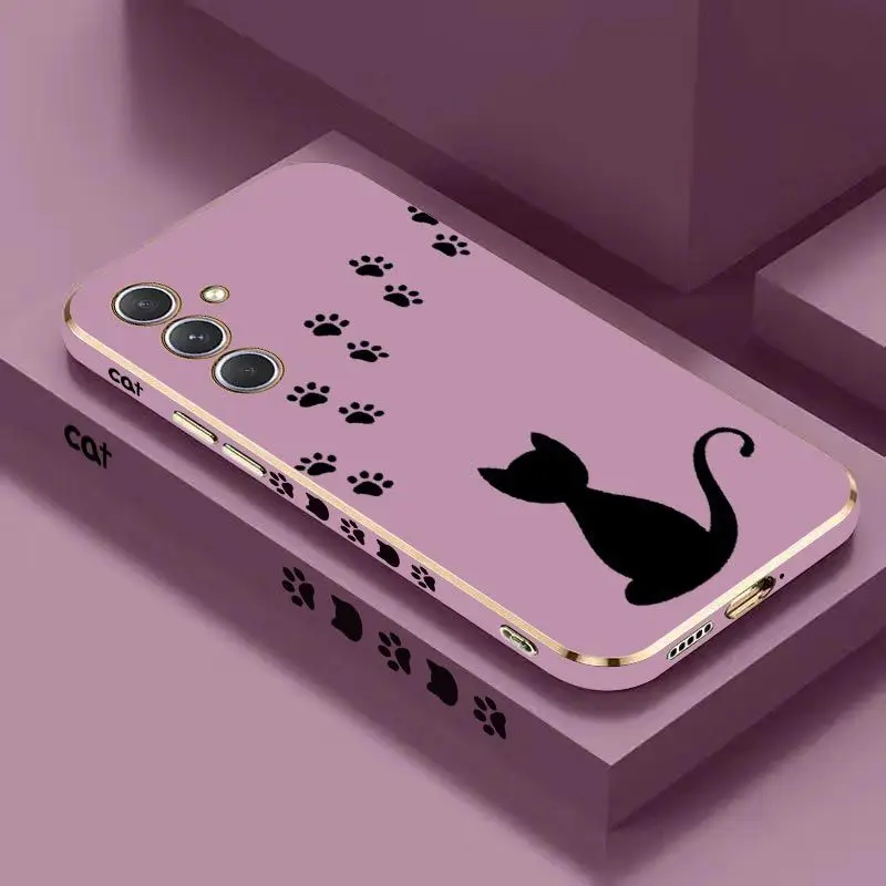 Cat Footprints Luxury Plating Phone Case For Samsung Galaxy A54 A34 A24 A73 A53 A04S A04E A72 A52 A52S Cover