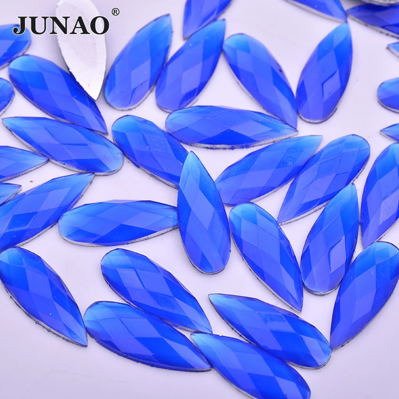 

JUNAO 100Pcs 8*22mm Blue Color Teardrop Rhinestones Flatback Applique Resin Crystal Stone Non Sewing Strass Gems For DIY Crafts