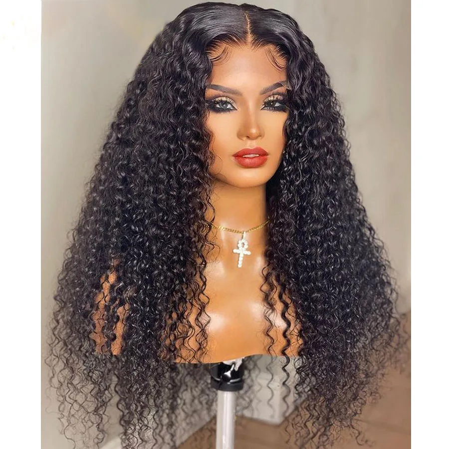 180%Density 26Inch Natural Middle Part Kinky Curly Lace Front Wig For Women With Baby Hair Natural Hairline High Temperature