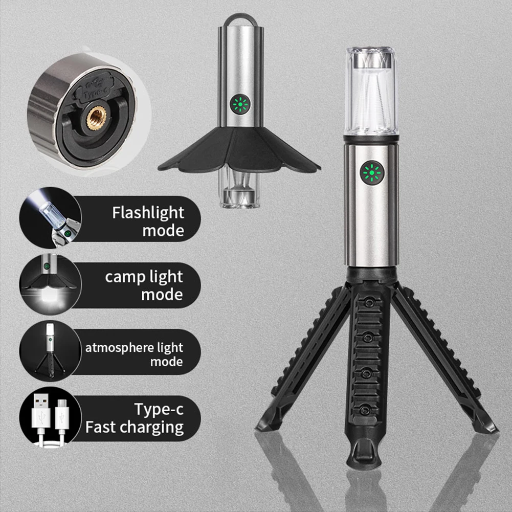 

Mini Camping Flashlight with Tripod Lampshade 1500mAh Camp Lighting Lamps Hidden Hook Power Indicator for Night Riding Fishing