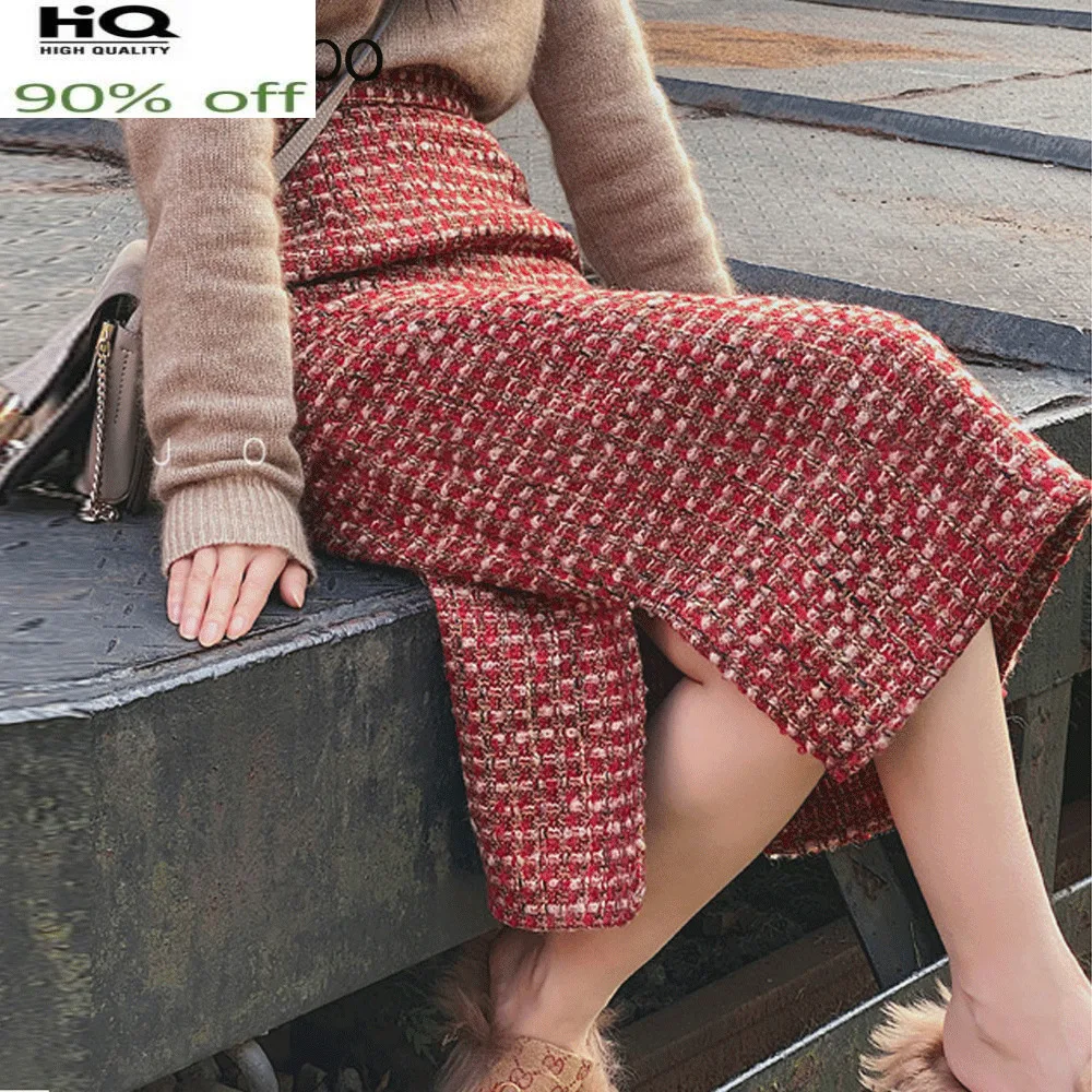 

Wool Burgundy Plaid Fall/Winter Women's Tweed High Waist Side Slit Classic Knee-length Ladies Skirt